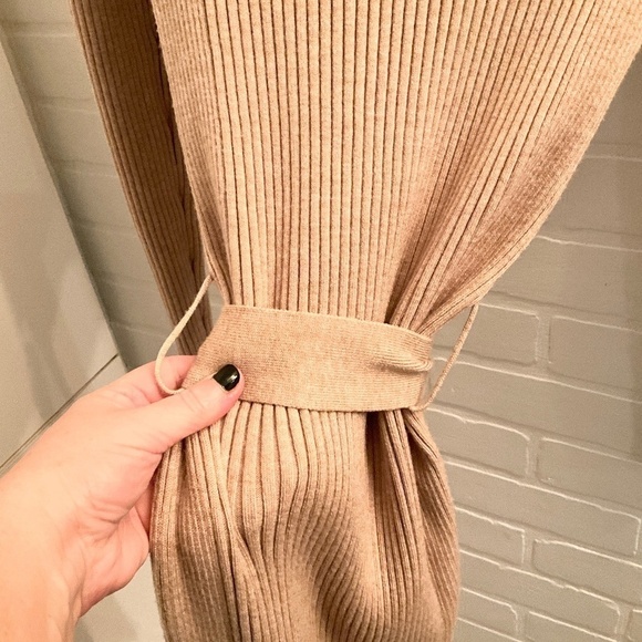 ASOS Mango Bow embellished Dress knitted Ribbed Midi belted Cream tan camel Sz L - Picture 4 of 16